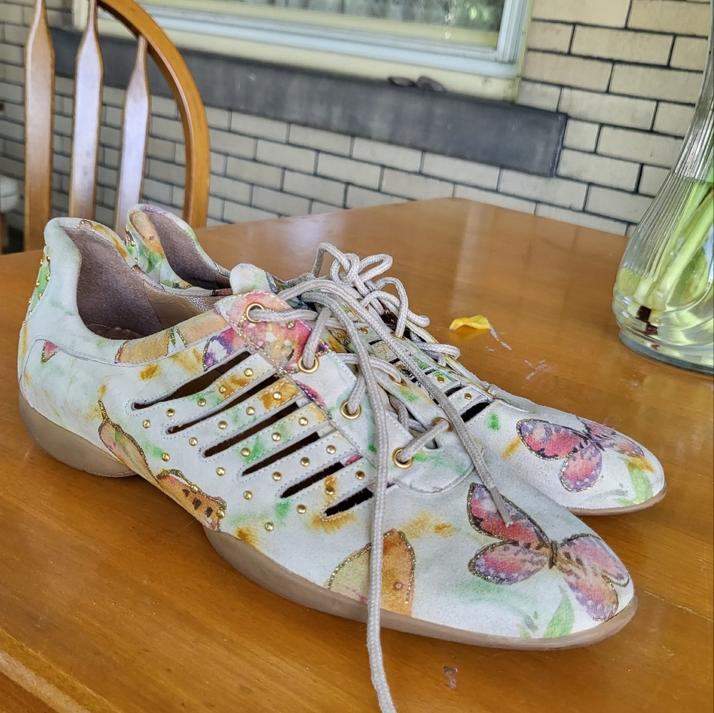 Stuart Weitzman watercolor painted sneakers with gold studs